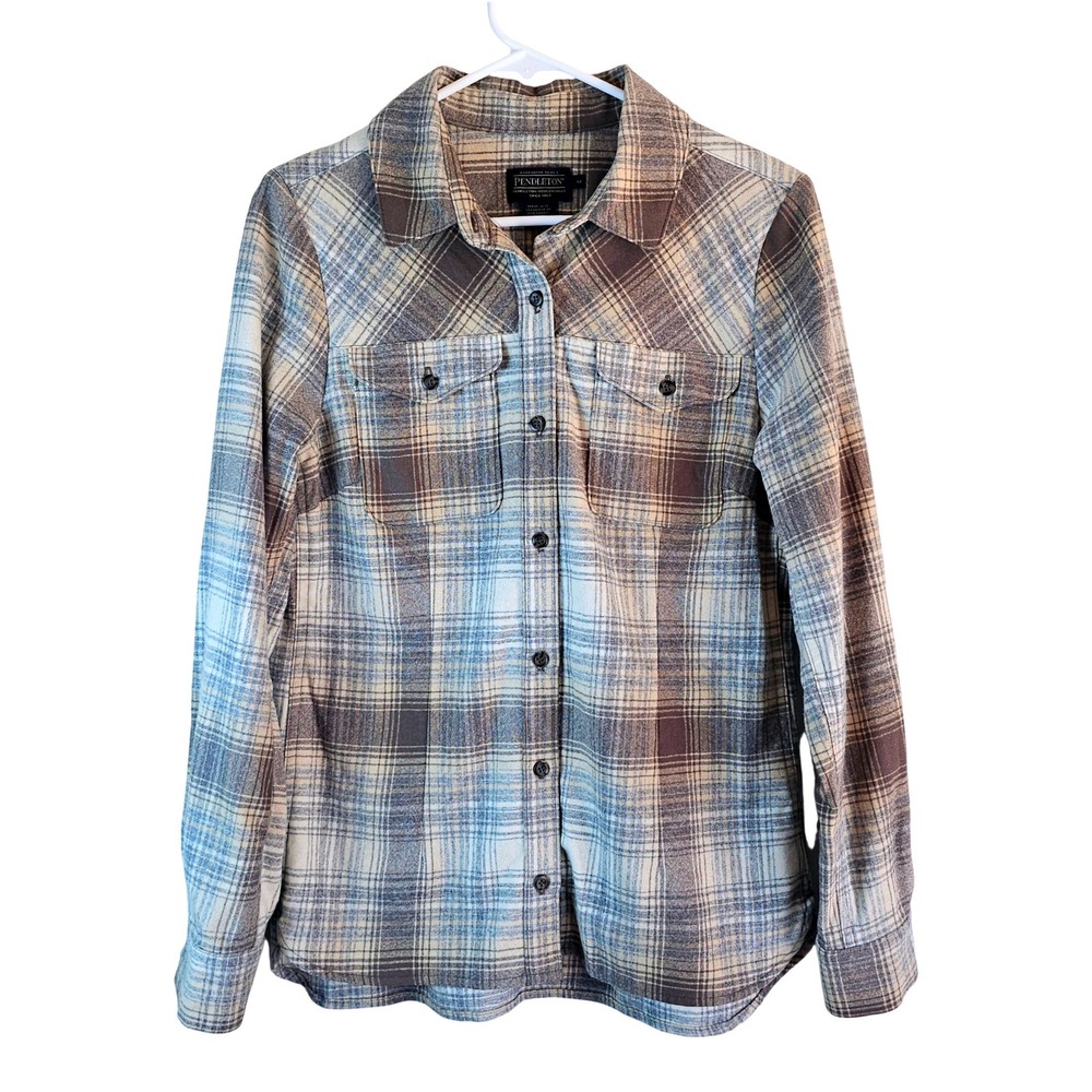 Pendleton Womens Wool Plaid Button Up Shirt Tan Gray Medium Cabin Gorpcore